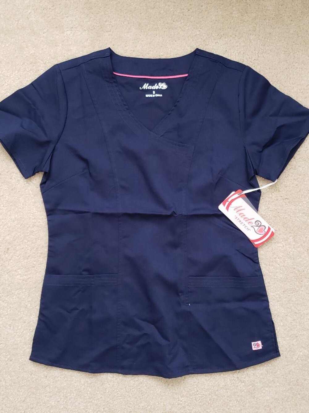 NWT Made size Small navy blue scrub top uniform w/ pockets stretch career work